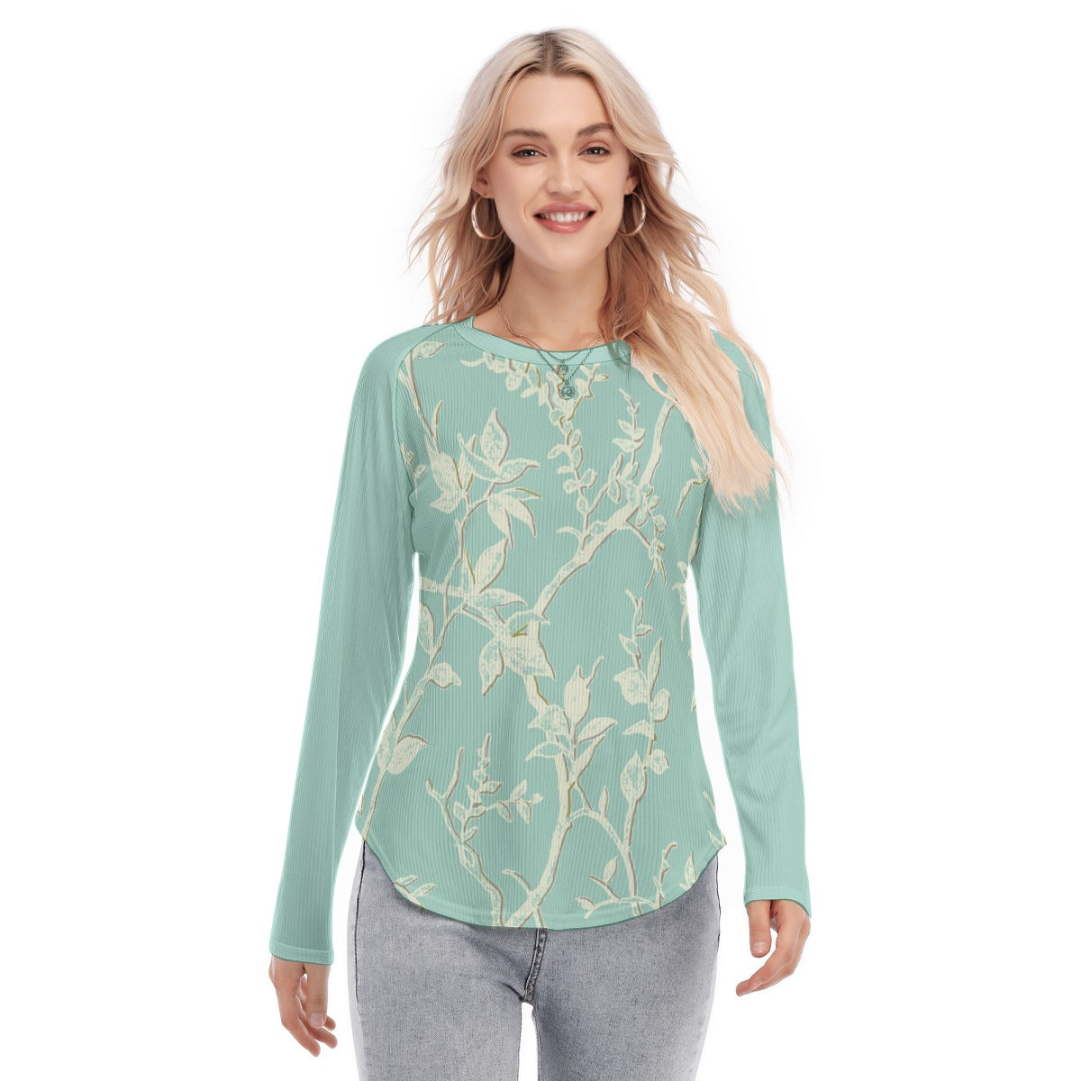 Raglan Sleeves U-Shaped Hem Long Sleeves Blouse