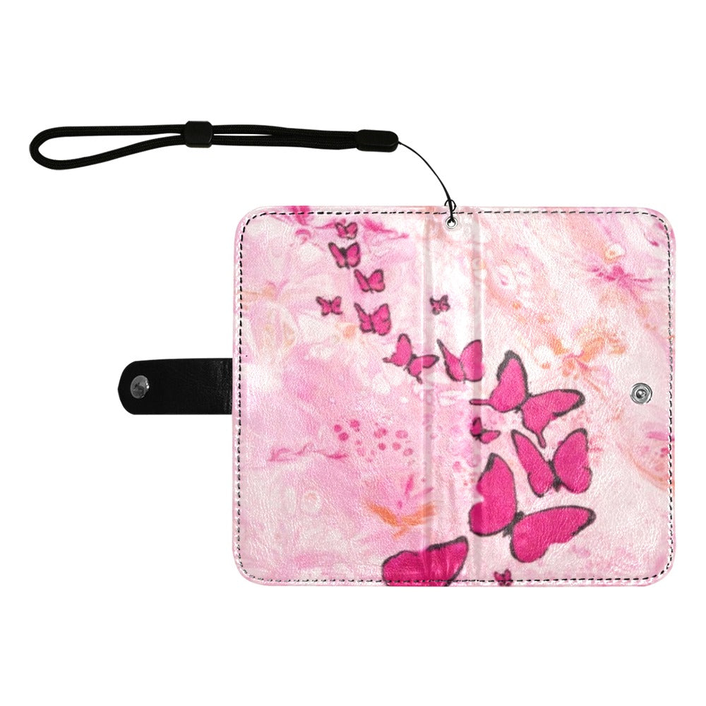 Pink Butterfly Flip Leather Purse for Mobile Phone (Large)